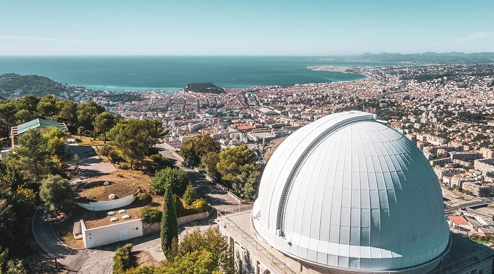 Dome of the Observatoire de la Côte d'Azur above Nice and the Mediterranean