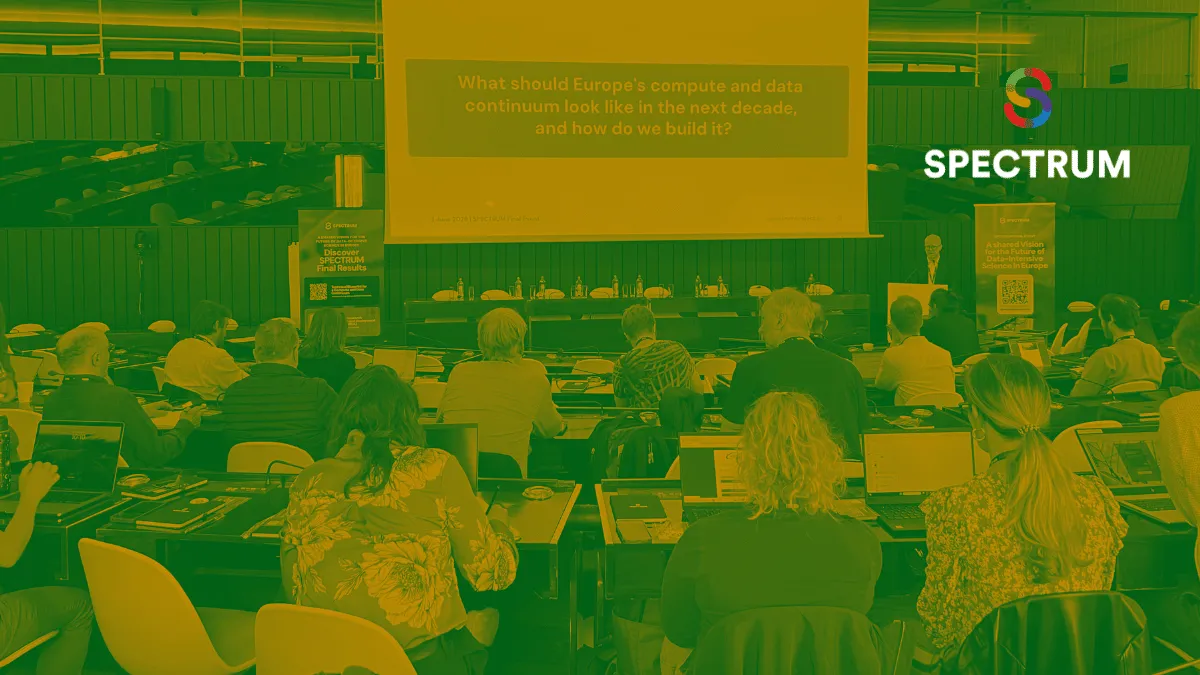 Audience at the SPECTRUM final event in Brussels; the screen asks what Europe's compute and data continuum should look like